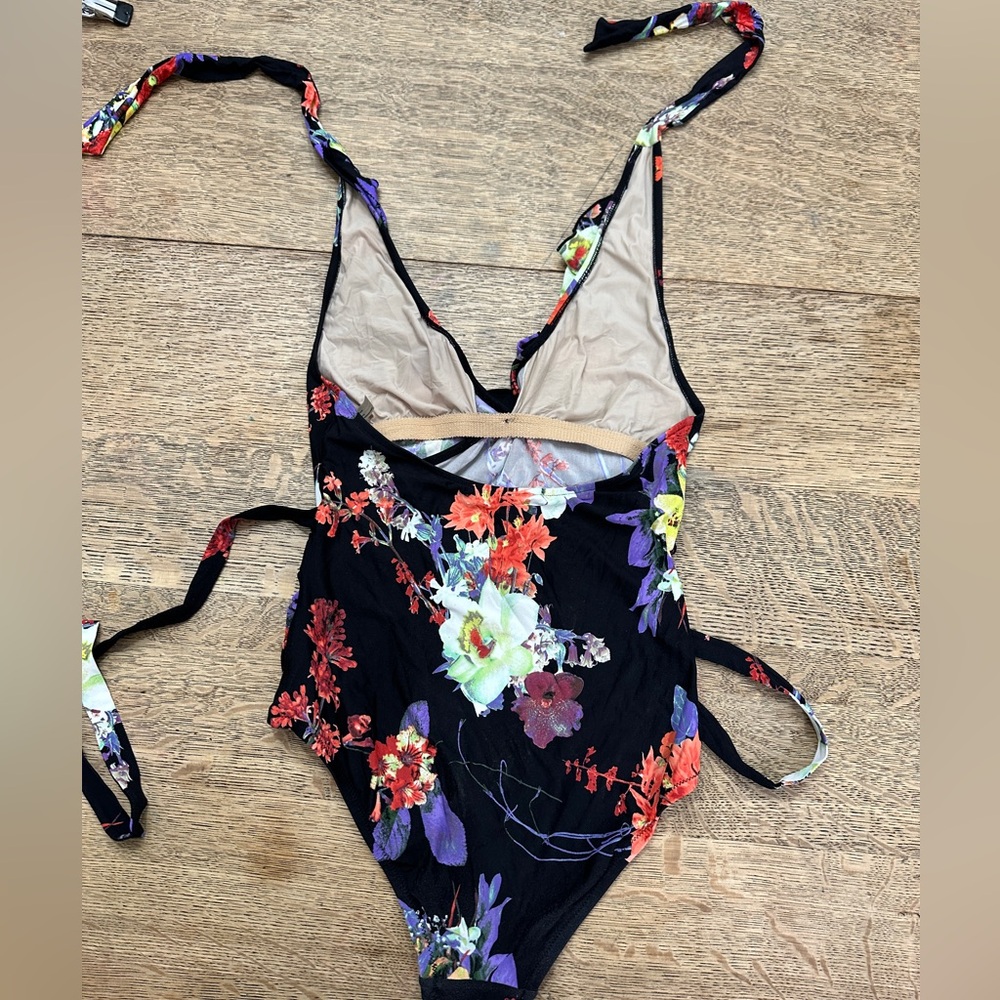 Anthropologie Allihop Ruffle Floral Halter Ruching Tie Waist One-Piece Swimsuit - Picture 7 of 16